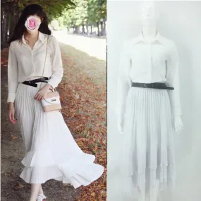 Summer Inspired White Lapel Long Sleeved Shirt Vintage Ruffle Collar Pleated Dress Sets Women Skirt