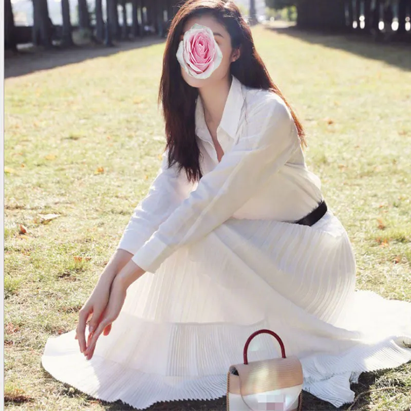 Summer Inspired White Lapel Long Sleeved Shirt Vintage Ruffle Collar Pleated Dress Sets Women Skirt