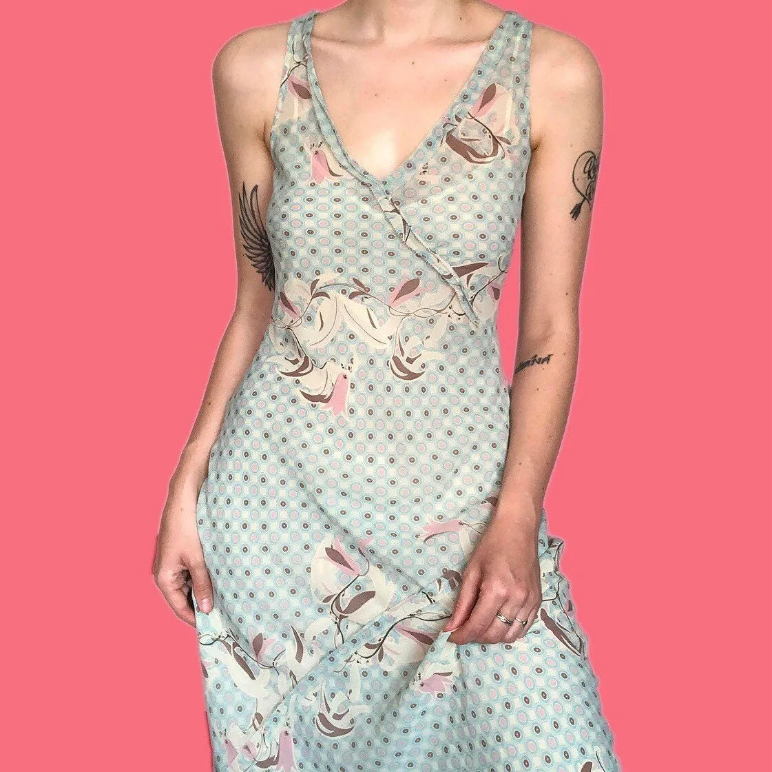 Super cute 100% silk delicate print slip midi dress UK 12