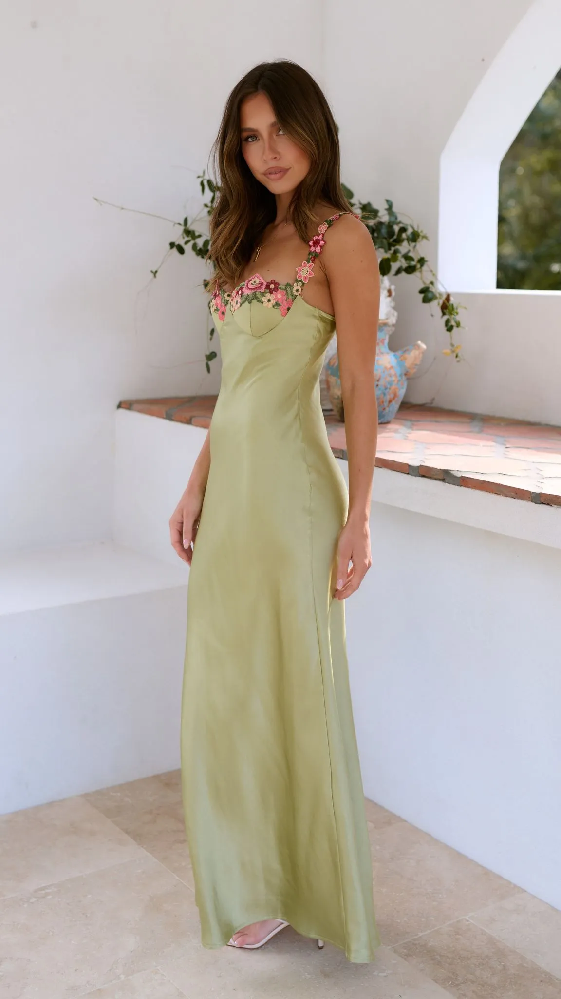 Sylis | Floral Appliqué Satin Slip Dress