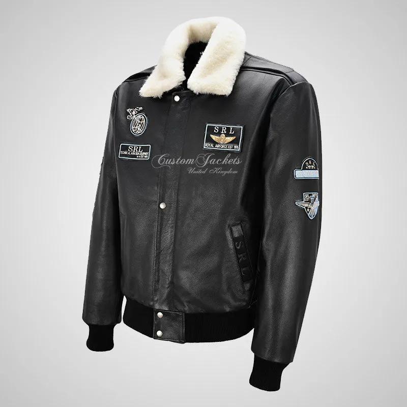 TRAP Leather Bomber Pilot Jacket With Detachable Fur Collar