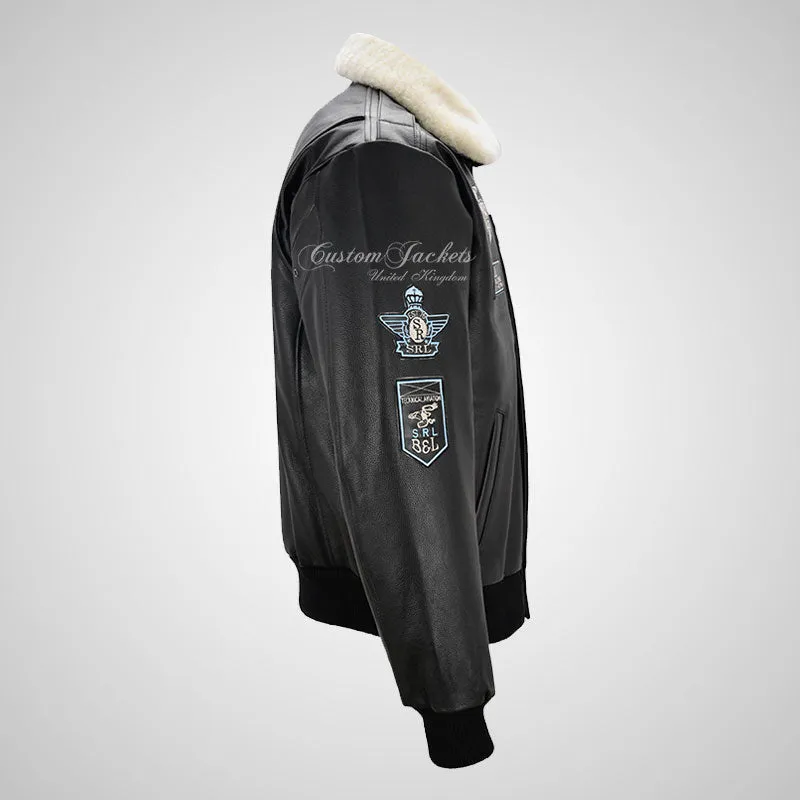 TRAP Leather Bomber Pilot Jacket With Detachable Fur Collar