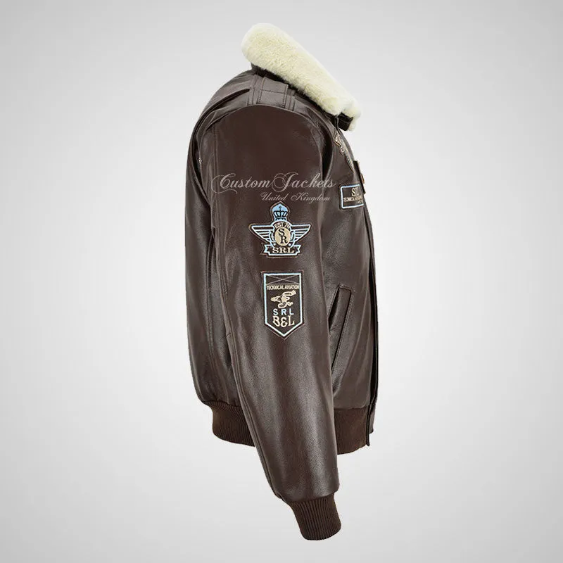 TRAP Leather Bomber Pilot Jacket With Detachable Fur Collar