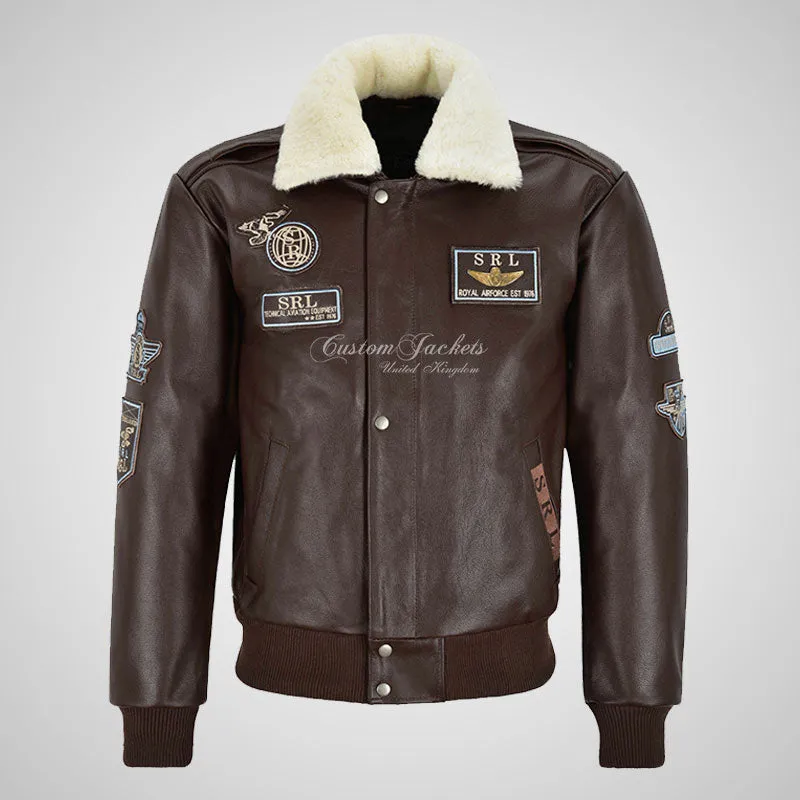 TRAP Leather Bomber Pilot Jacket With Detachable Fur Collar