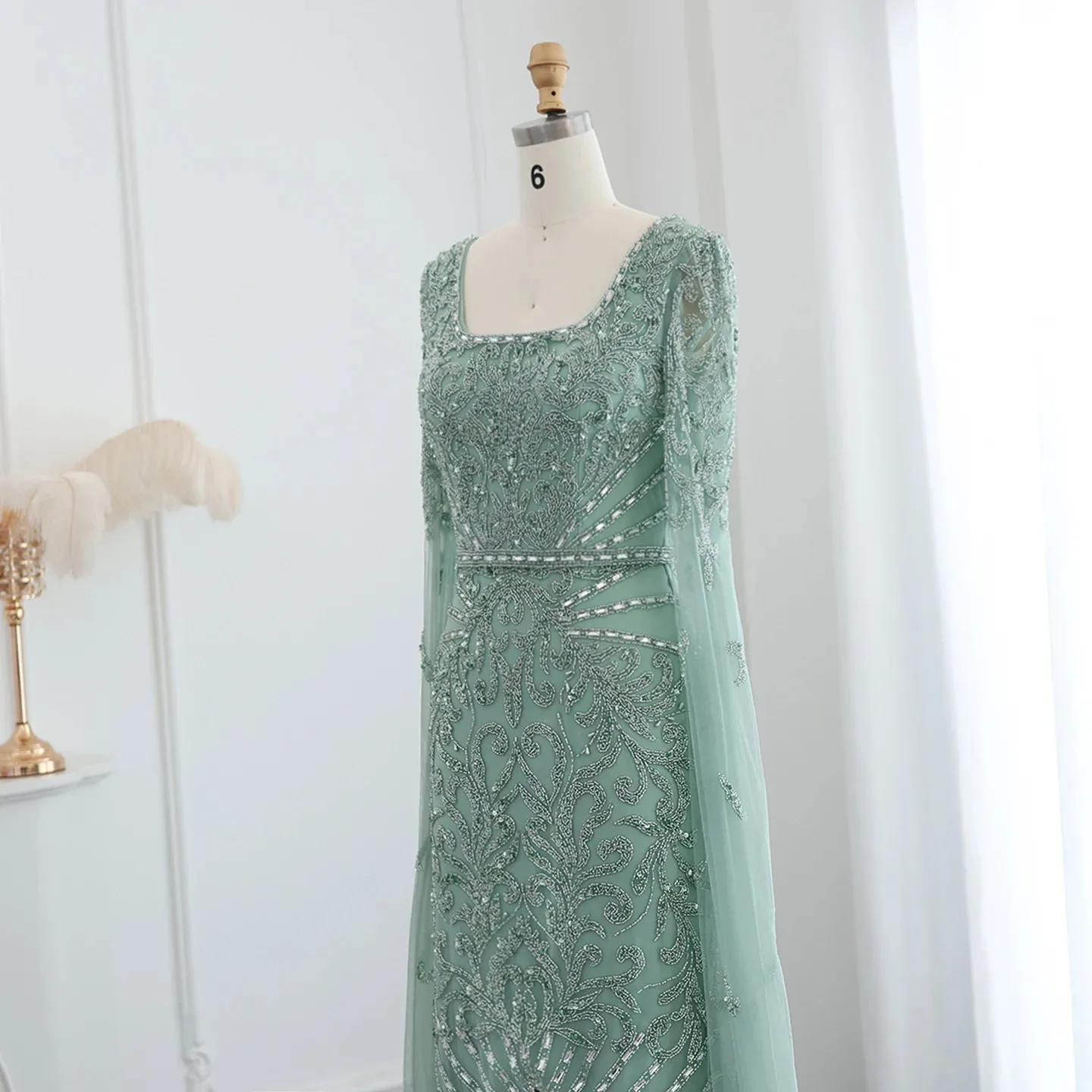 Turquoise Evening Gown with Cape Sleeves
