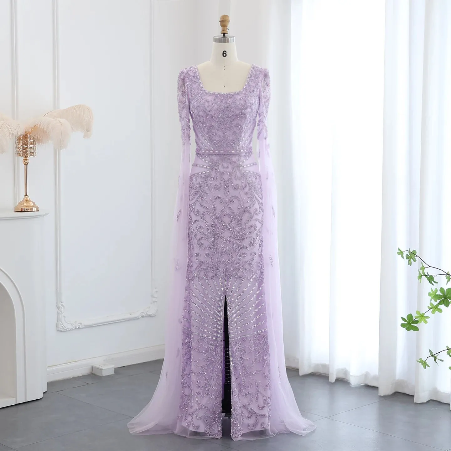 Turquoise Evening Gown with Cape Sleeves