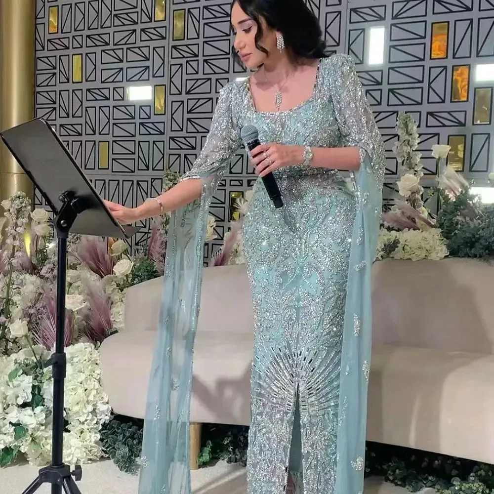 Turquoise Evening Gown with Cape Sleeves