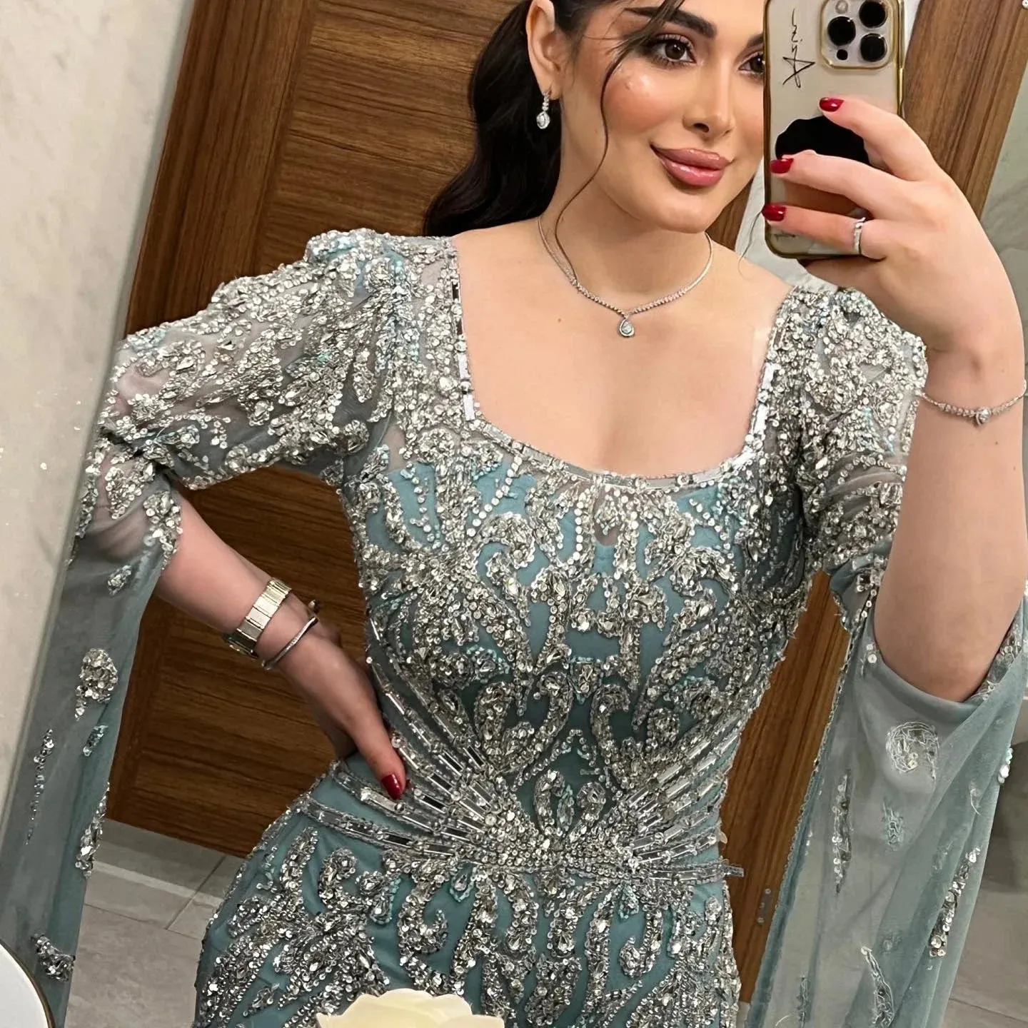 Turquoise Evening Gown with Cape Sleeves