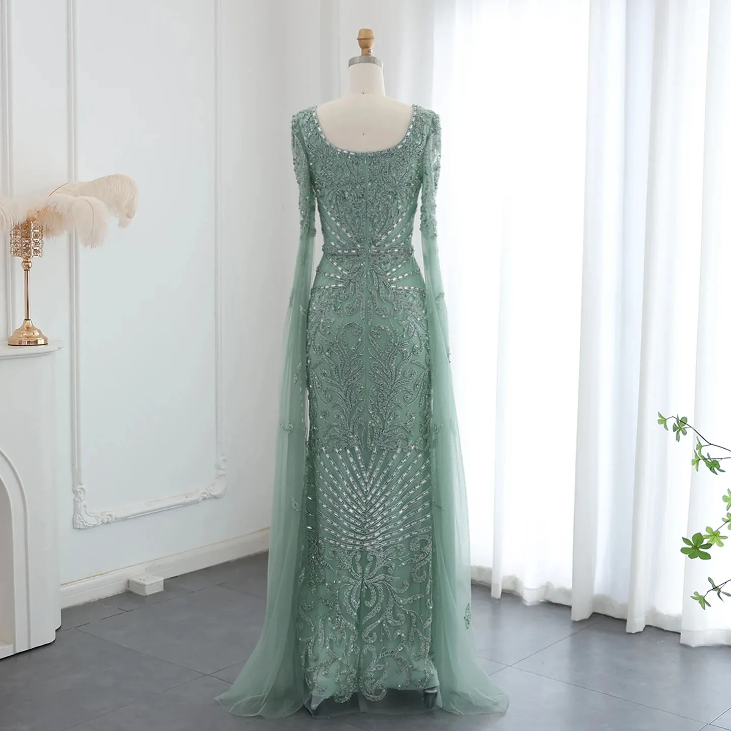 Turquoise Evening Gown with Cape Sleeves
