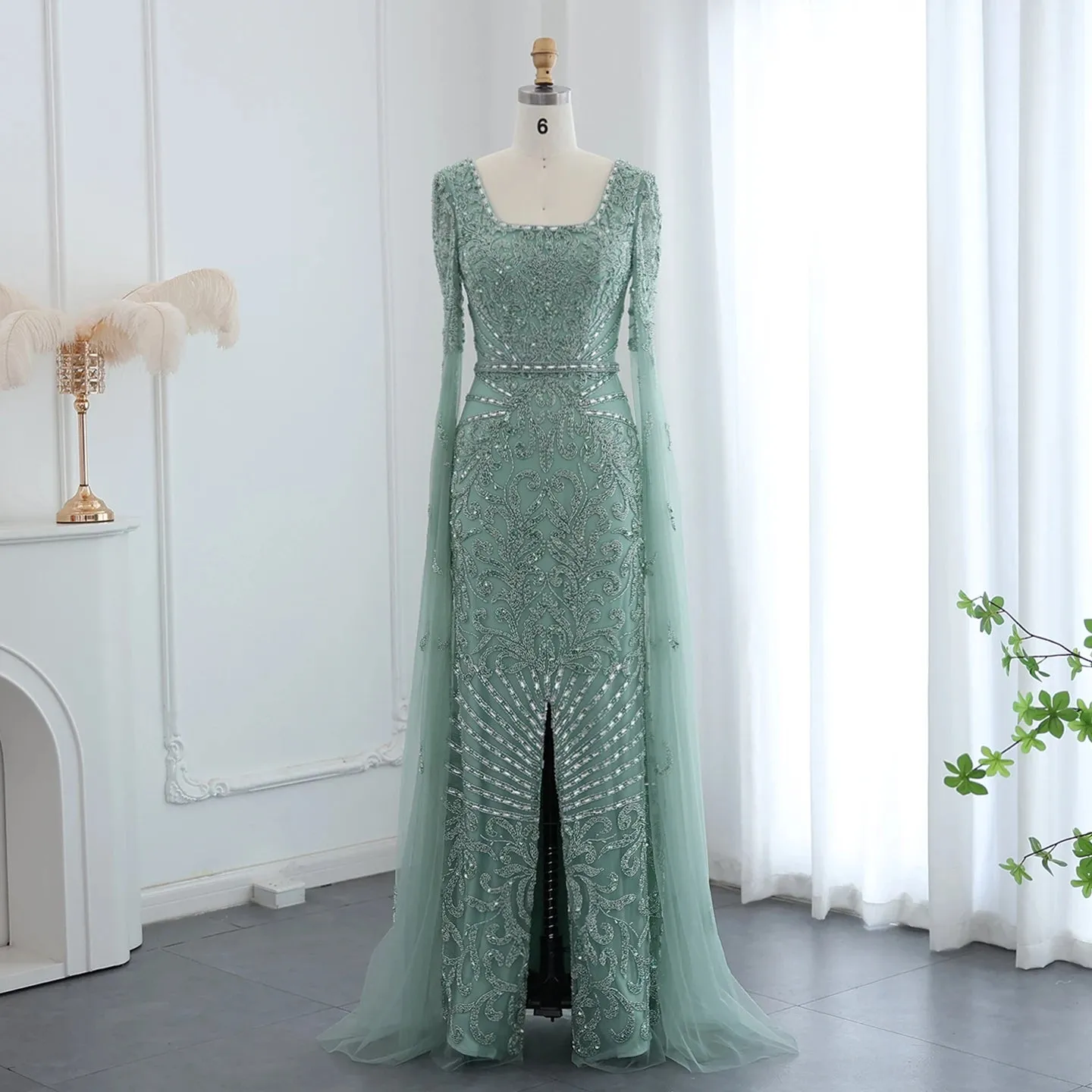 Turquoise Evening Gown with Cape Sleeves