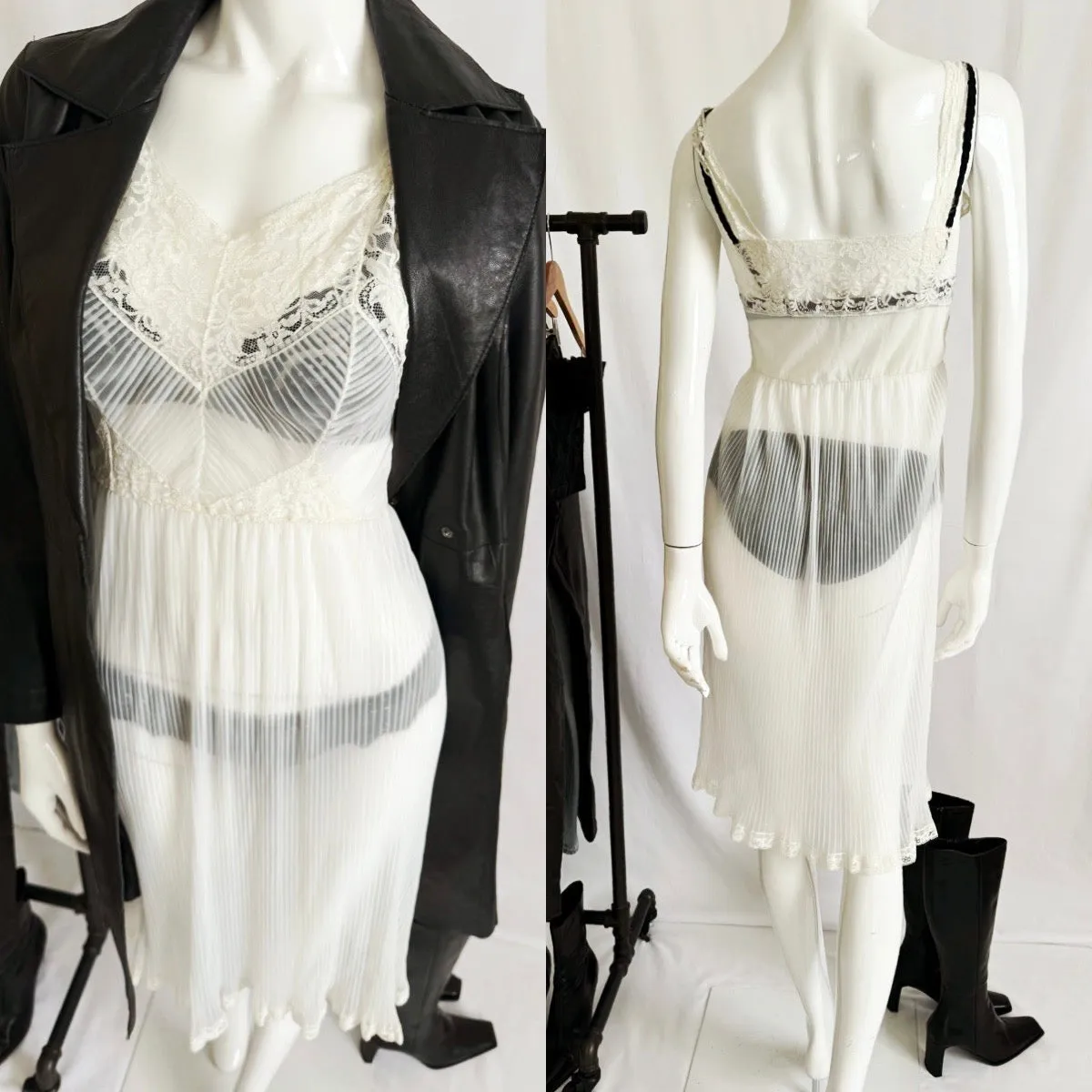 Vintage Pleated Sheer Lace Trim Midi Slip