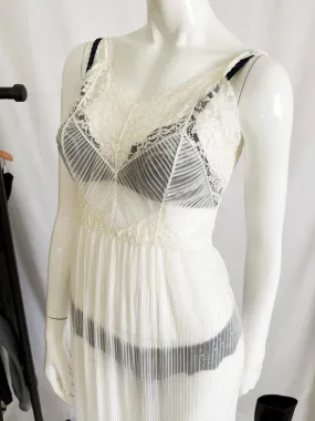 Vintage Pleated Sheer Lace Trim Midi Slip