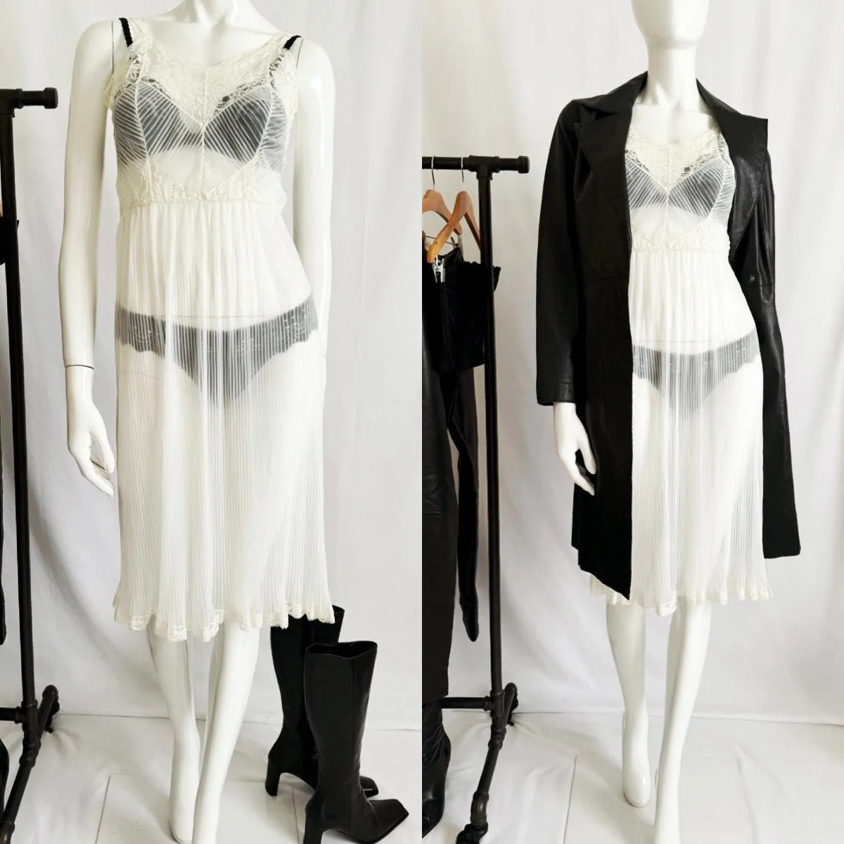 Vintage Pleated Sheer Lace Trim Midi Slip