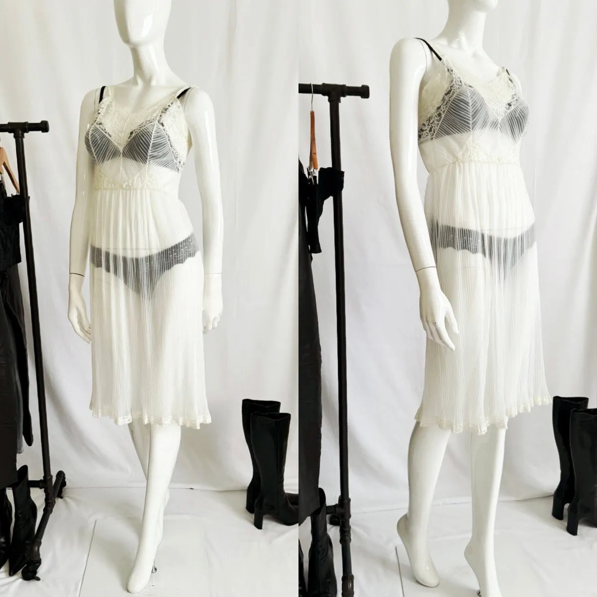 Vintage Pleated Sheer Lace Trim Midi Slip