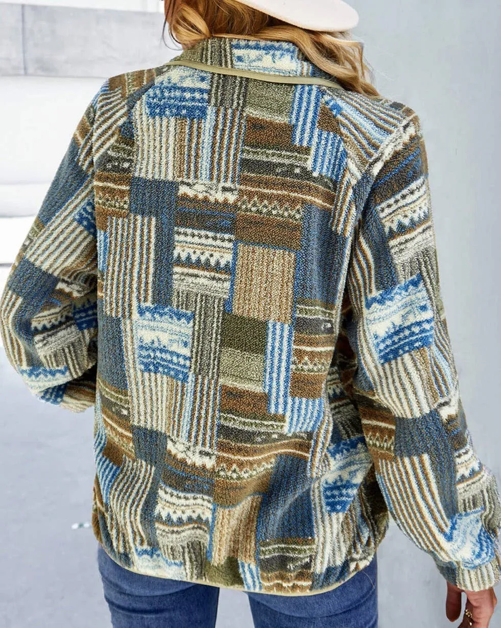 Western Patchwork Pocketed Sherpa Jacket: L / Khaki