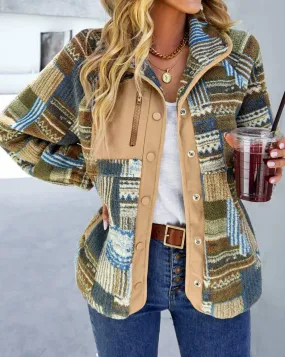 Western Patchwork Pocketed Sherpa Jacket: L / Khaki