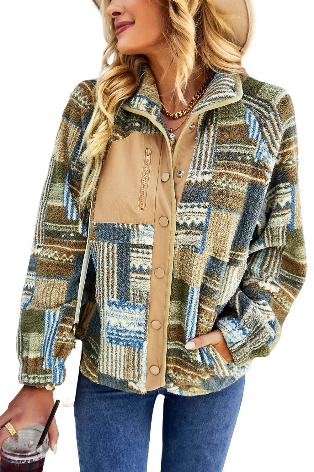 Western Patchwork Pocketed Sherpa Jacket: L / Khaki