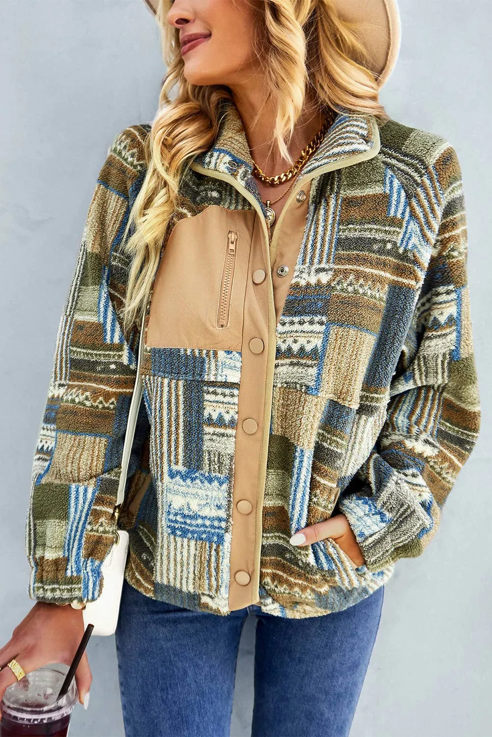 Western Patchwork Pocketed Sherpa Jacket: L / Khaki