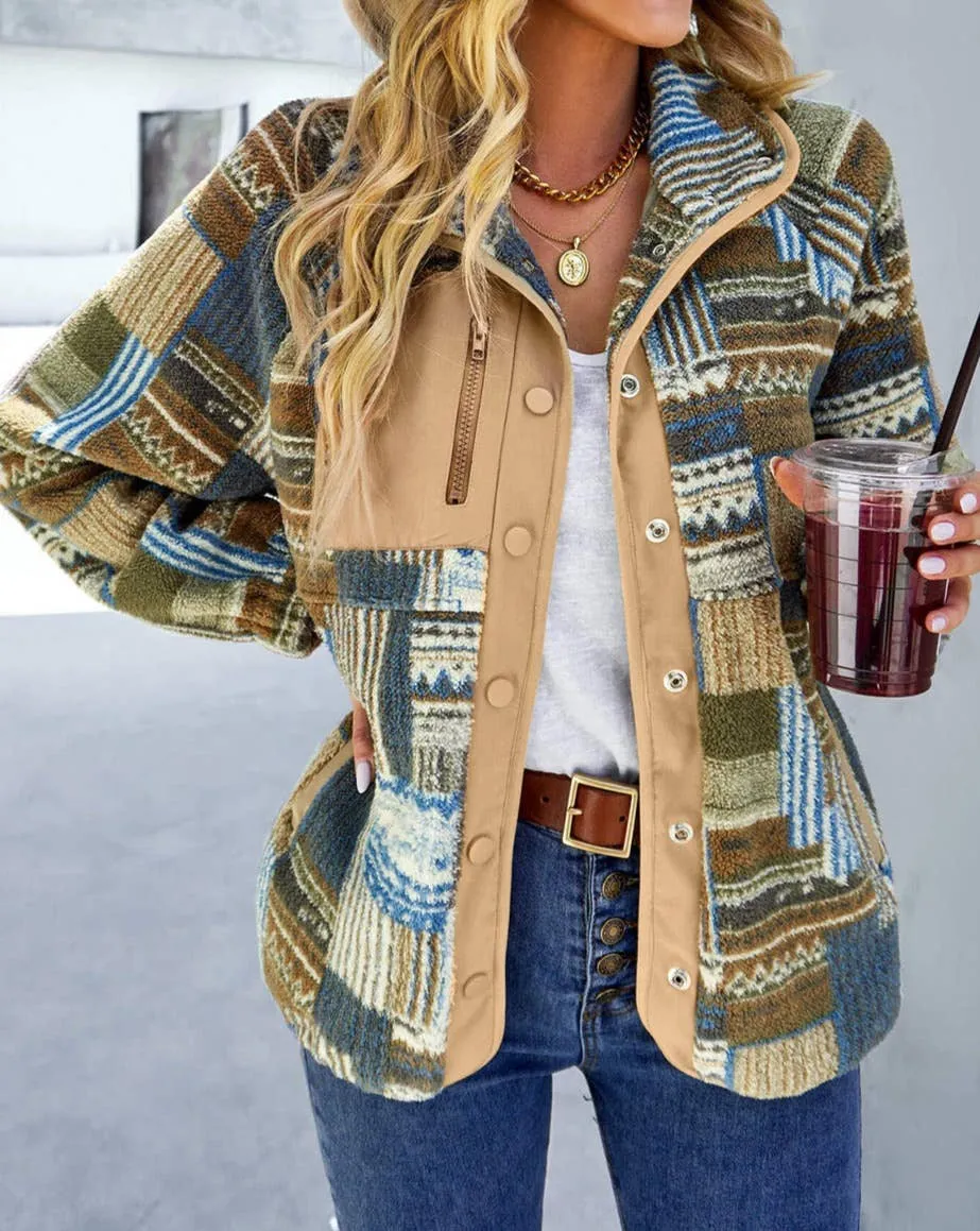Western Patchwork Pocketed Sherpa Jacket: L / Khaki