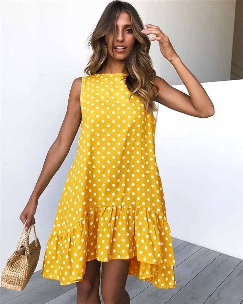 Women Wave Point Polka Dots Lower Ruffle Slim Thin Sleeveless Dress