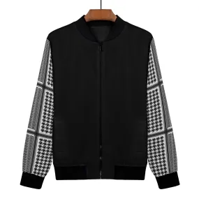 Women's Bomber Jacket in Black, Chic Houndstooth Kufiyeh Sleeve Pattern, Unique Gift for Her.