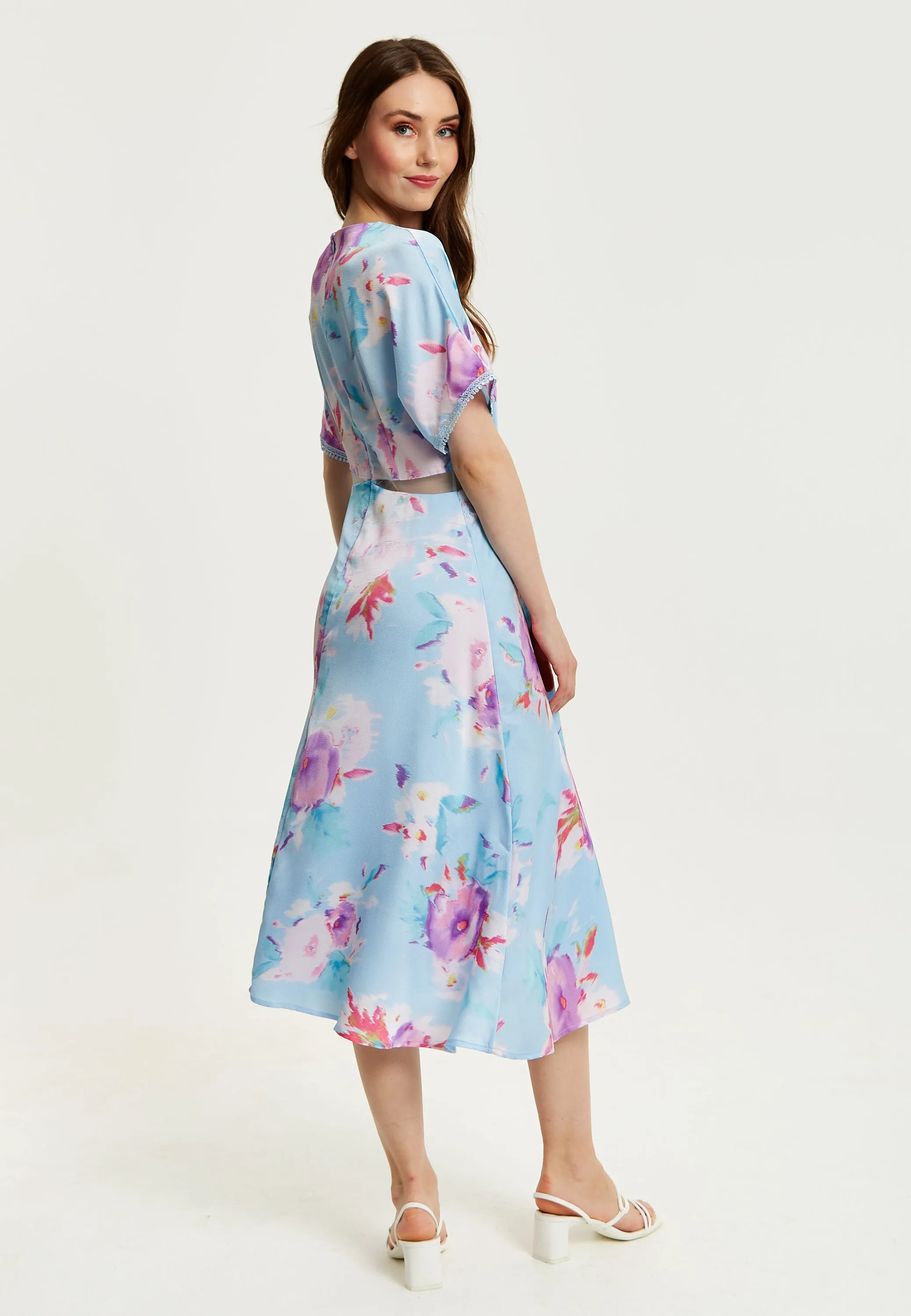 Women's Midi Dress with Short Sleeves in Blue Floral Print and Mesh Detail - Liquorish