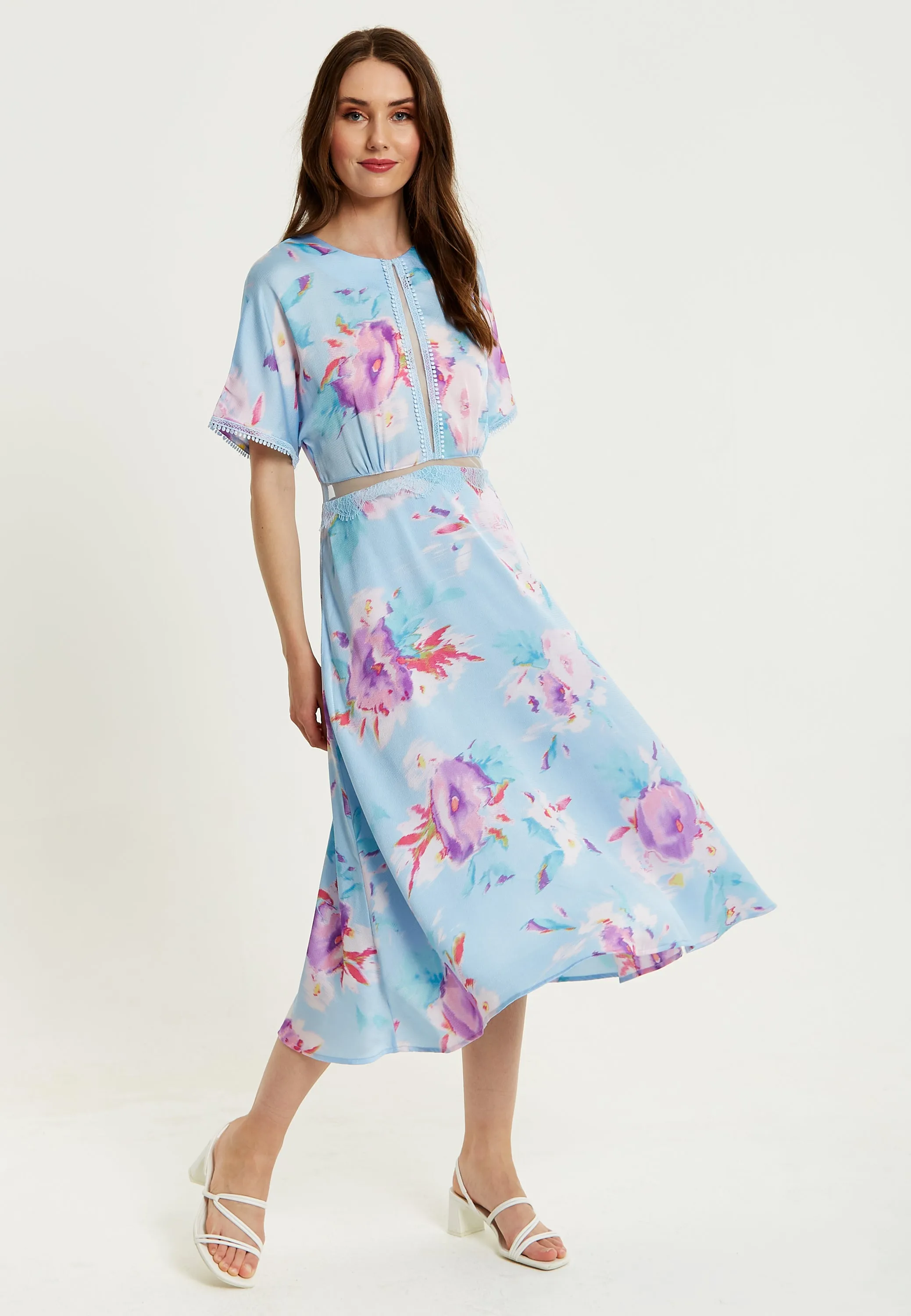 Women's Midi Dress with Short Sleeves in Blue Floral Print and Mesh Detail - Liquorish