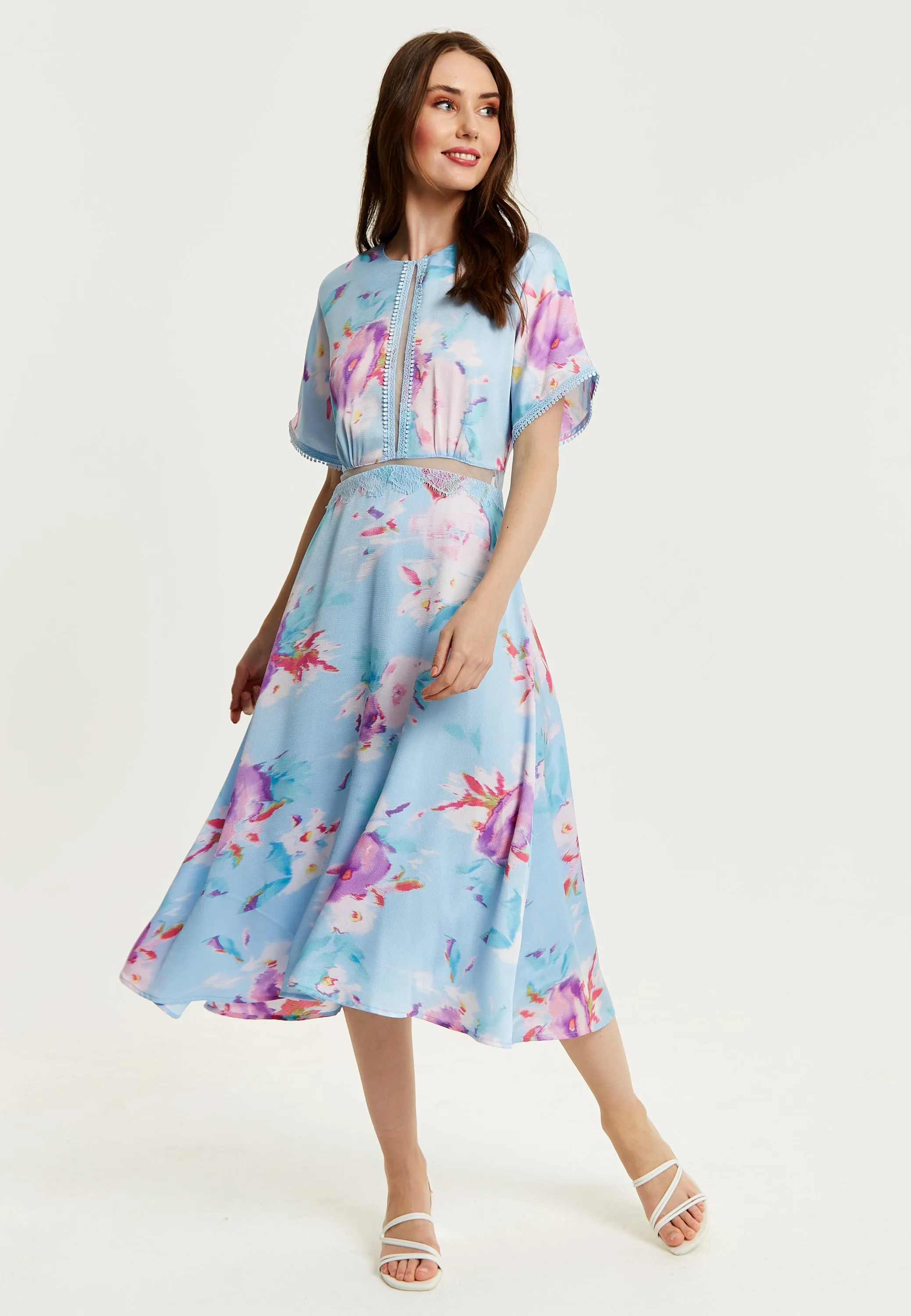 Women's Midi Dress with Short Sleeves in Blue Floral Print and Mesh Detail - Liquorish