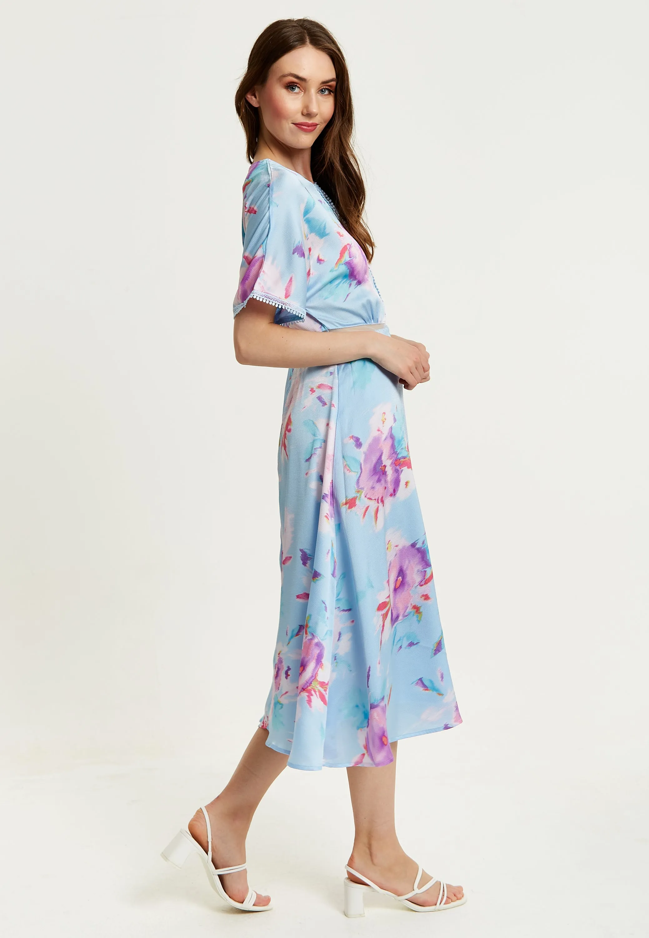 Women's Midi Dress with Short Sleeves in Blue Floral Print and Mesh Detail - Liquorish