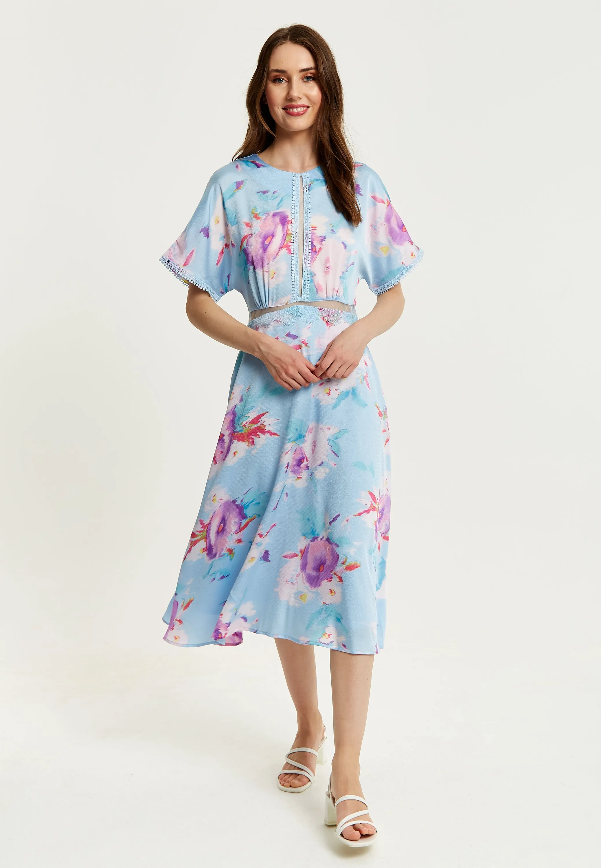 Women's Midi Dress with Short Sleeves in Blue Floral Print and Mesh Detail - Liquorish