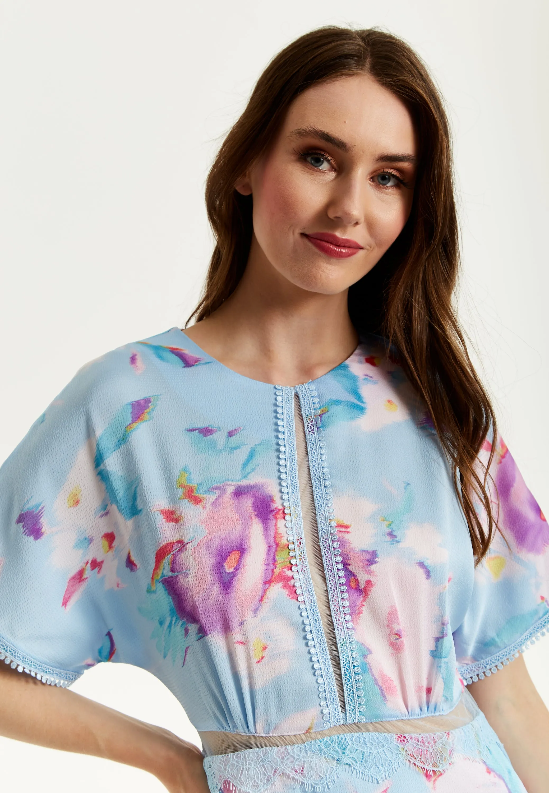 Women's Midi Dress with Short Sleeves in Blue Floral Print and Mesh Detail - Liquorish