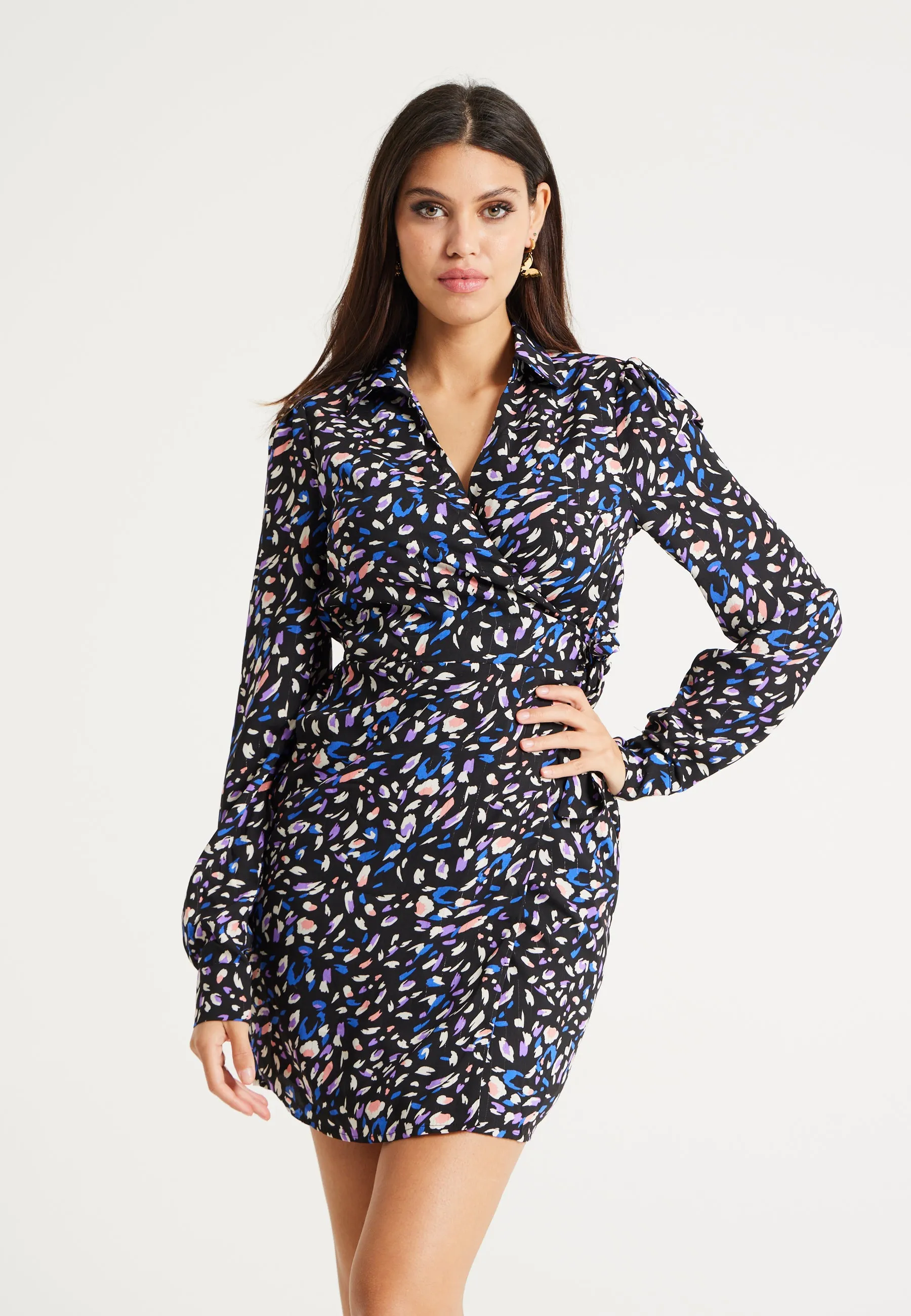 Women's Mini Dress with Flared Sleeves in Black & Multicolour, Stylish Tie-Side Detail, High-Quality Fabric - Liquorish