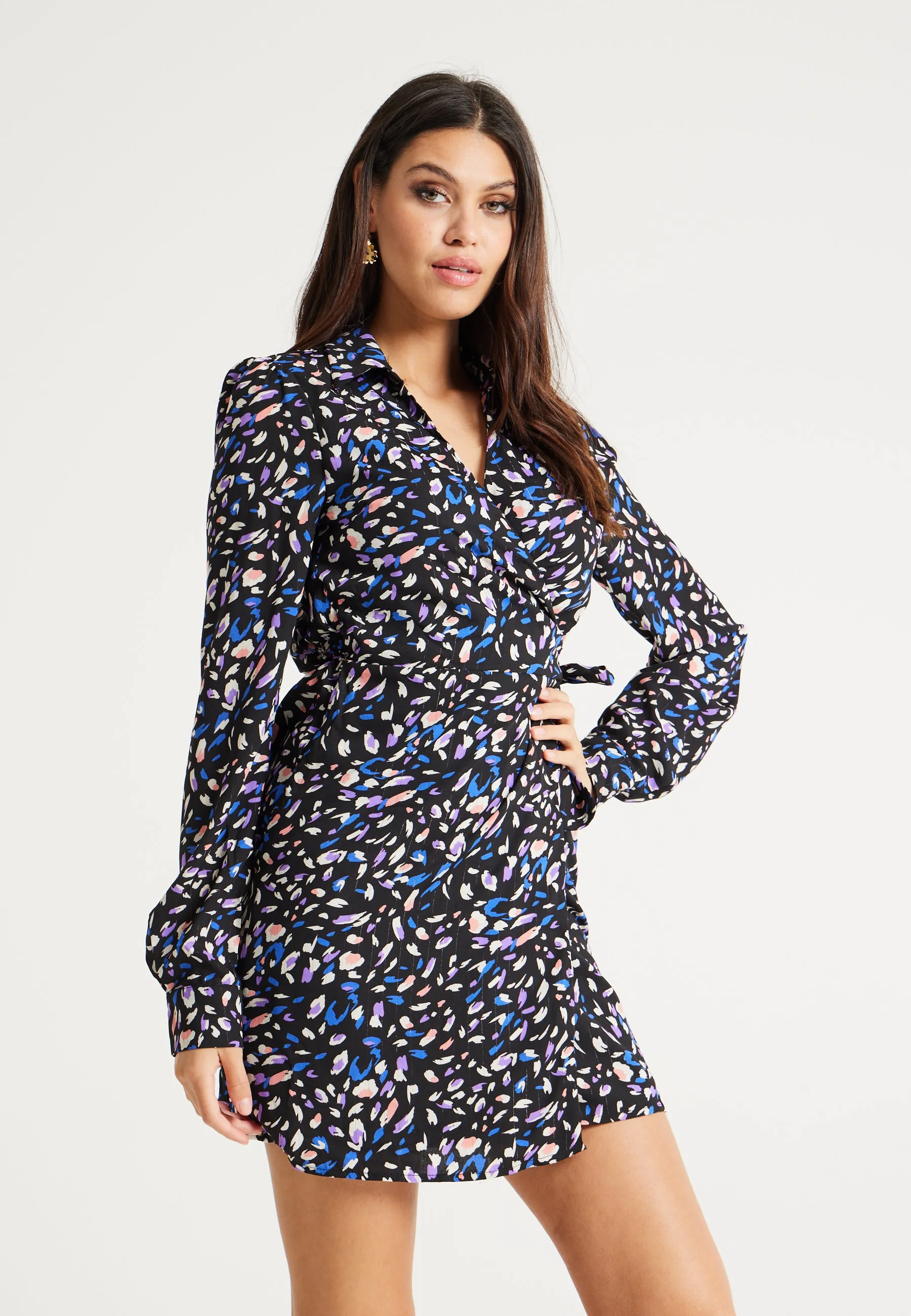 Women's Mini Dress with Flared Sleeves in Black & Multicolour, Stylish Tie-Side Detail, High-Quality Fabric - Liquorish