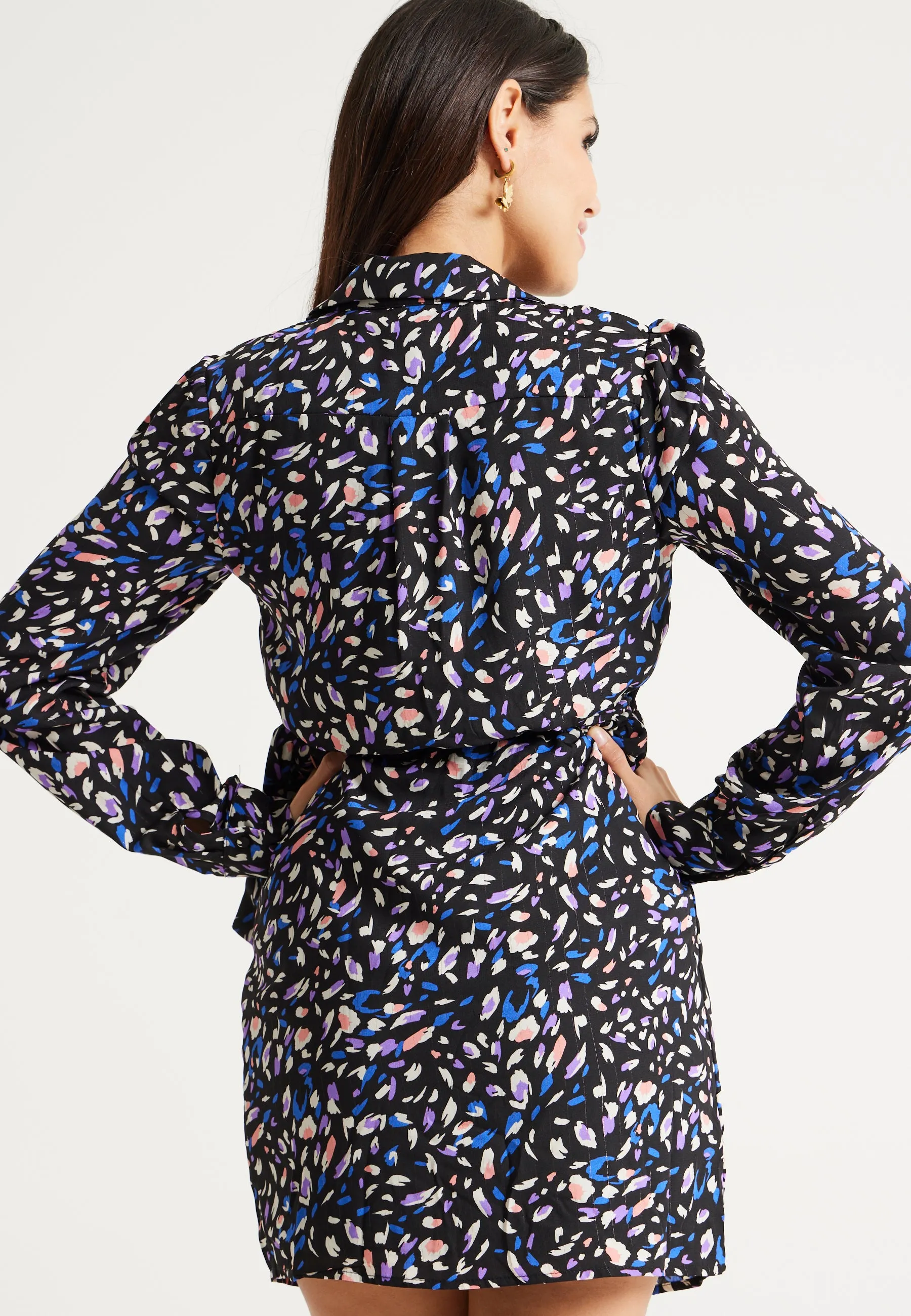 Women's Mini Dress with Flared Sleeves in Black & Multicolour, Stylish Tie-Side Detail, High-Quality Fabric - Liquorish