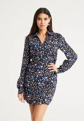 Women's Mini Dress with Flared Sleeves in Black & Multicolour, Stylish Tie-Side Detail, High-Quality Fabric - Liquorish