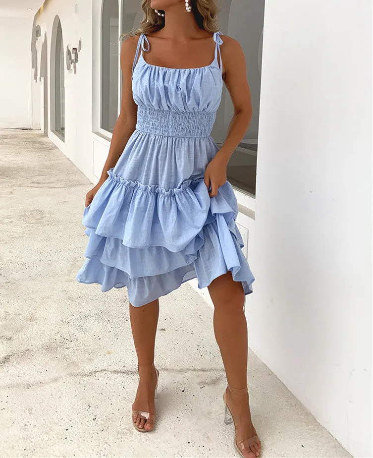 Women’s Pale Blue Sleeveless Ruffled Summer Midi Dress S-XL