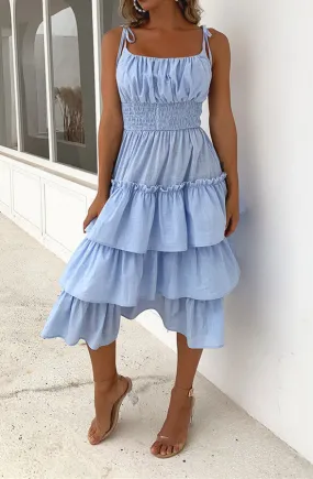 Women’s Pale Blue Sleeveless Ruffled Summer Midi Dress S-XL