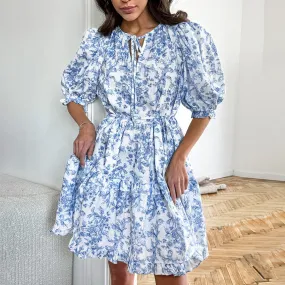 Women's Summer French Style A-Line Puff Sleeve Floral High Waist Tie Dress