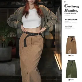 Women's Vintage Corduroy Skirts Autumn And Winter New Cotton Wash Pencil Long Skirt A-line Hight Waist Sashes Bottoms
