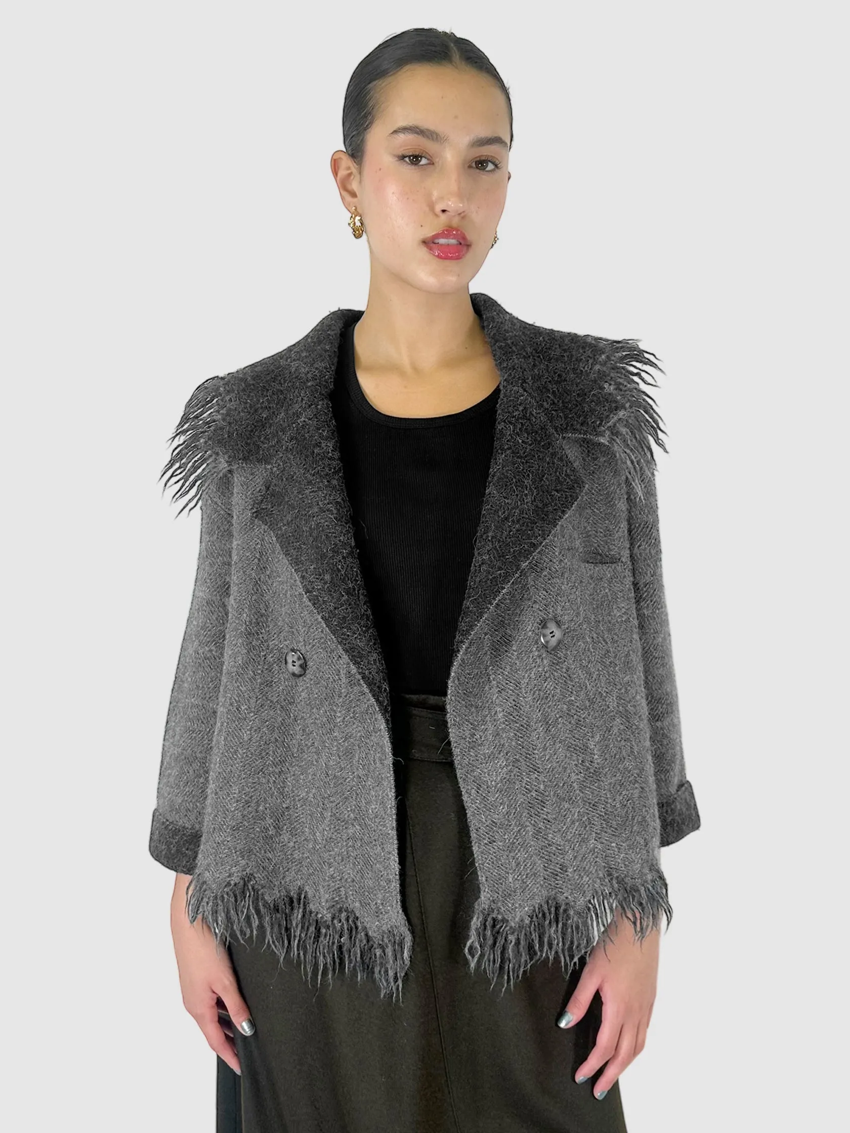 Wool Fringe Trim Double-Breasted Coat - Size M
