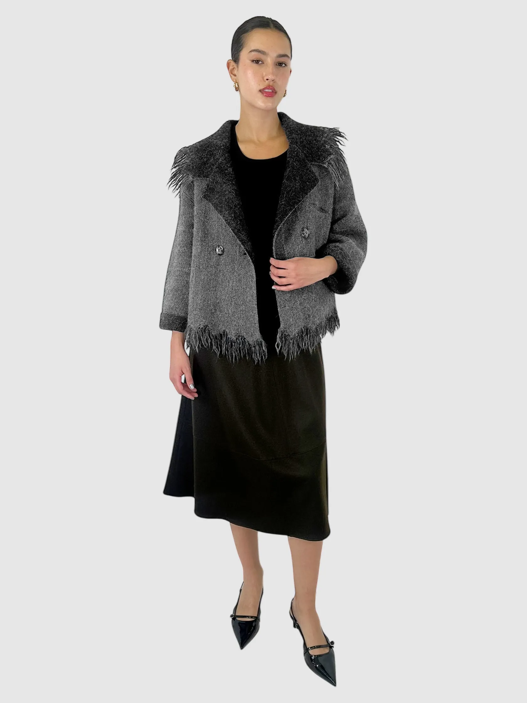 Wool Fringe Trim Double-Breasted Coat - Size M