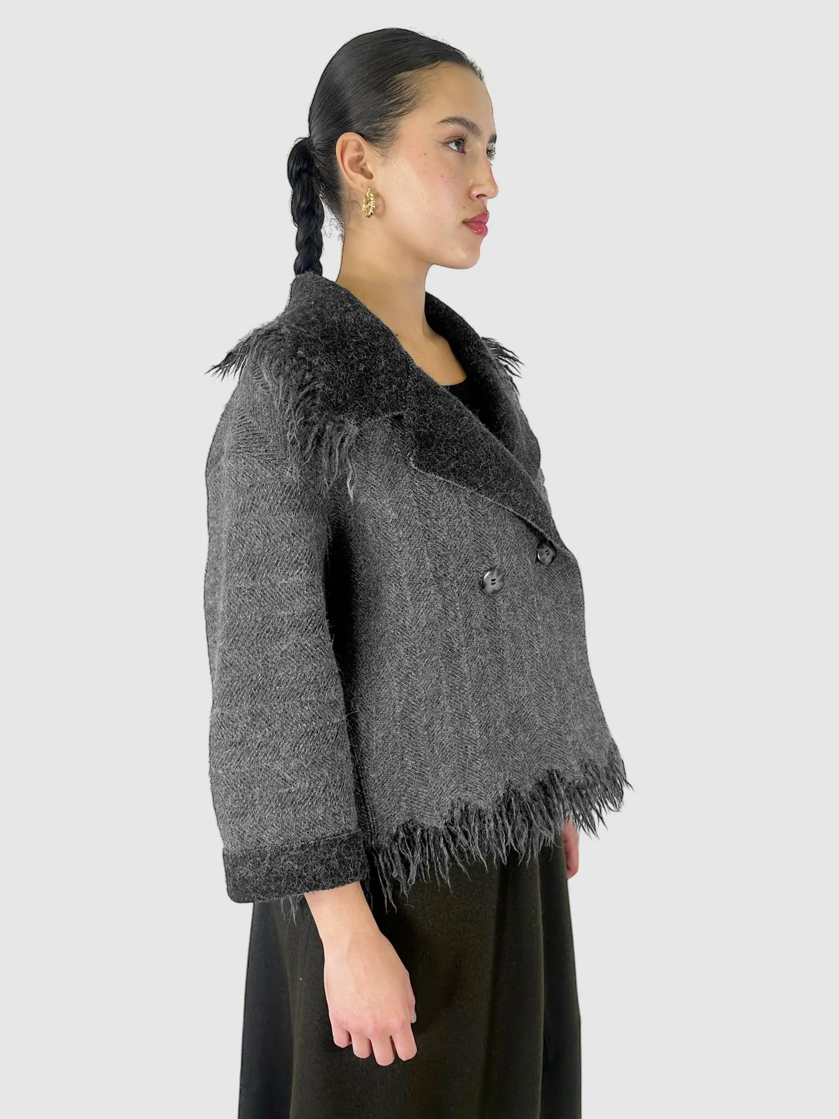Wool Fringe Trim Double-Breasted Coat - Size M
