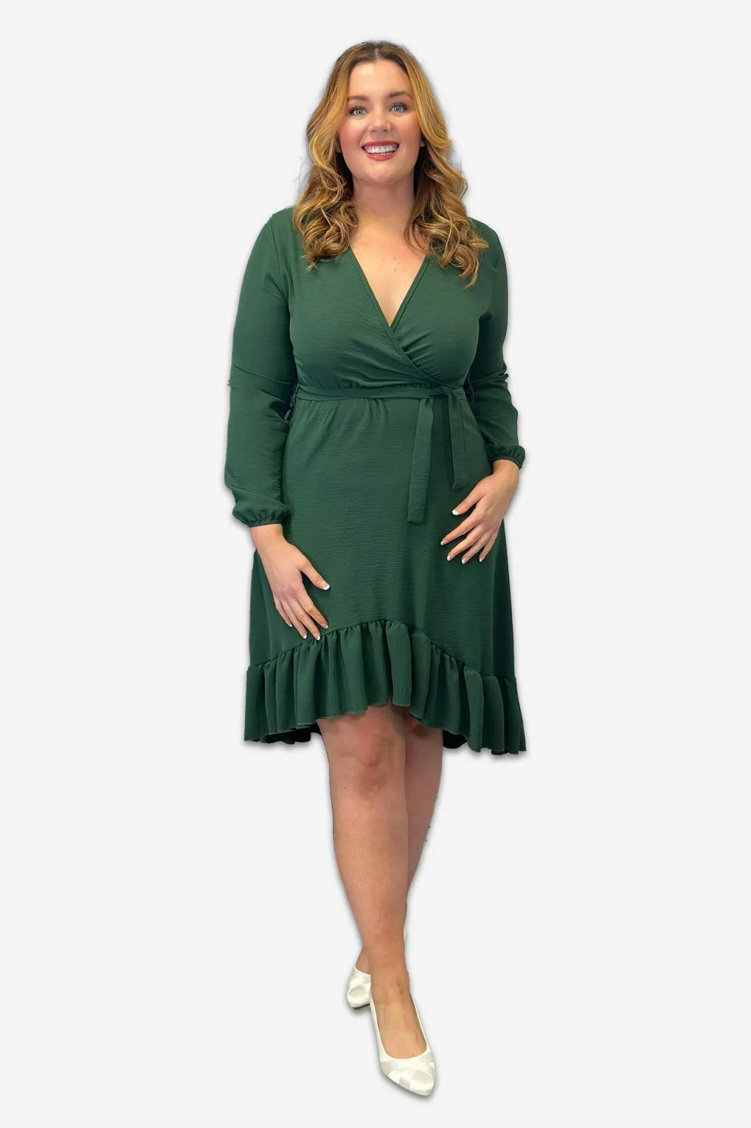 Wrap Plus Size Dress with Ruffle Detail in Black, Pink or Forest Green