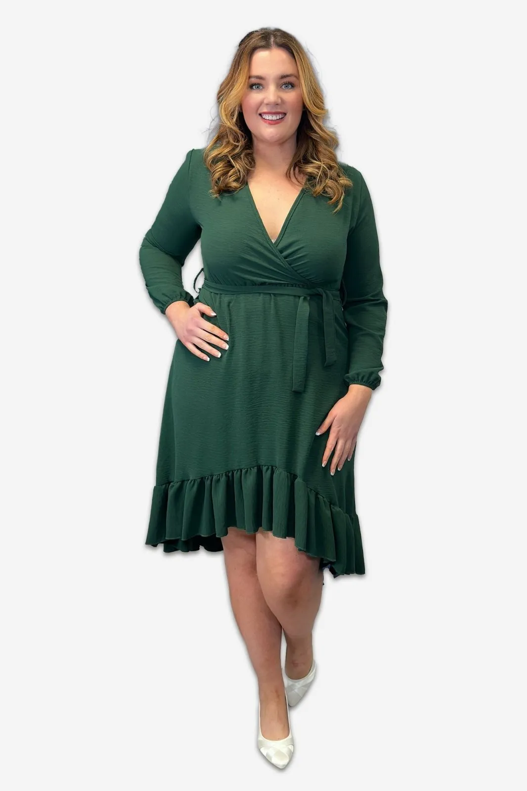 Wrap Plus Size Dress with Ruffle Detail in Black, Pink or Forest Green