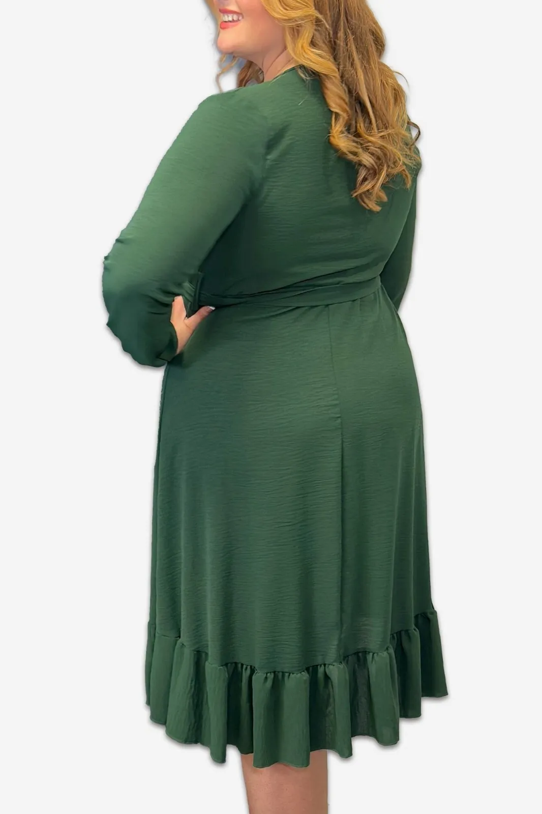 Wrap Plus Size Dress with Ruffle Detail in Black, Pink or Forest Green