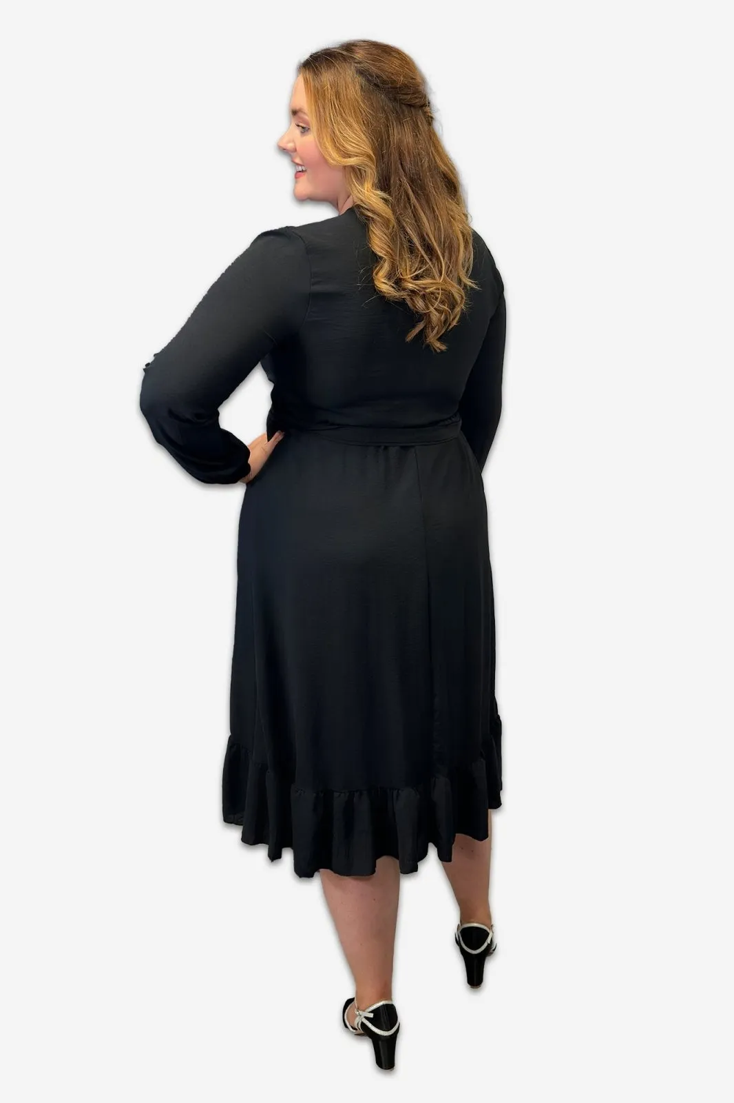 Wrap Plus Size Dress with Ruffle Detail in Black, Pink or Forest Green