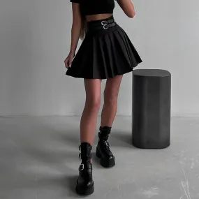 XY23212Summer2023New European and American Sweet Cool Style Pure Color All-Matching Slim Double Belt High Waist Pleated Skirt
