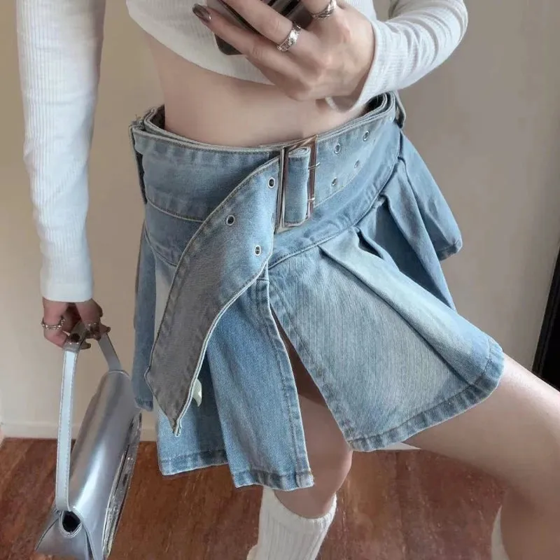 Y2k Belt Denim Pleated Mini Skirt