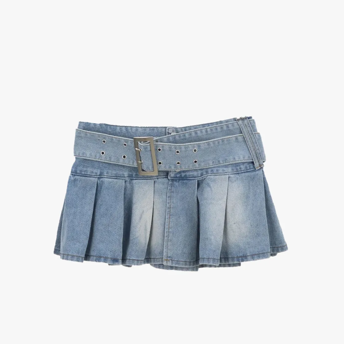 Y2k Belt Denim Pleated Mini Skirt