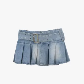 Y2k Belt Denim Pleated Mini Skirt